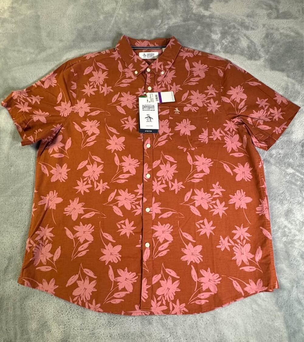 Original Penguin Floral Button Up Shirt Rust Pink XXL New w Tags